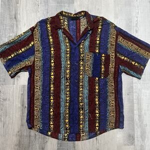VTG Bon Homme Abstract Tribal Rayon Loop Collar Camp Shirt Colorful Hawaiian L